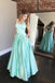 Mint Green Satin A-line Long Prom Dress Cut Back With Beaded Pockets