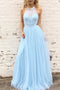 Lace Halter A-line Light Sky Blue Tulle Long Prom Dress