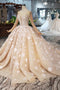 Luxury Long Sleeves Champagne Wedding Dress with Pearls Appliques Ball Gown