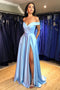 Simple Formal Evening Gown Satin Offshoulder Sky Blue Long Prom Dress DTP340