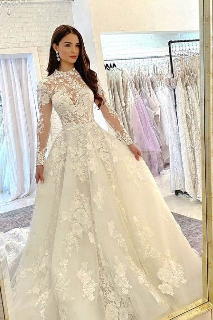 Ball Gown Lace Bridal Dress Modest Lace Long Sleeves Wedding Dresses DTW08  – DressTok.co.uk
