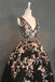 A-line V-neck Black Floral Tea Length Prom Dresses With Beading