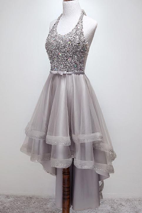 sparkly halter sequins bodice high-low prom dress tulle homecoming dress dth292