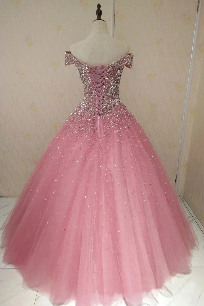 Sparkly Off-shoulder Ball Gown Prom Dresses Beaded Evening Dress