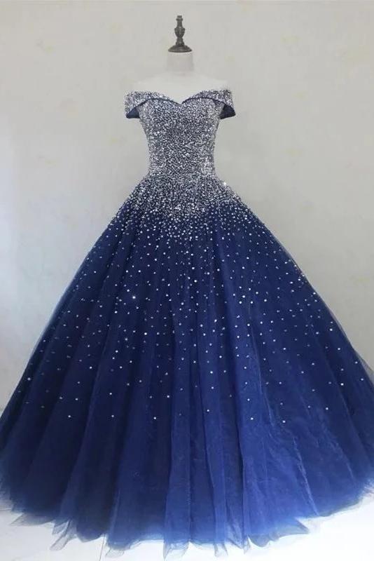 Sparkly Off-shoulder Ball Gown Prom Dresses Beaded Evening Dress