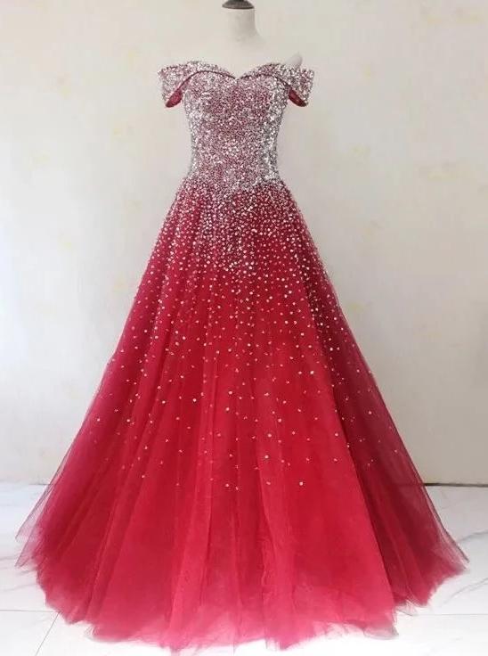 Sparkly Off-shoulder Ball Gown Prom Dresses Beaded Evening Dress