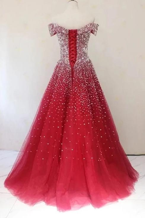 Sparkly Off-shoulder Ball Gown Prom Dresses Beaded Evening Dress