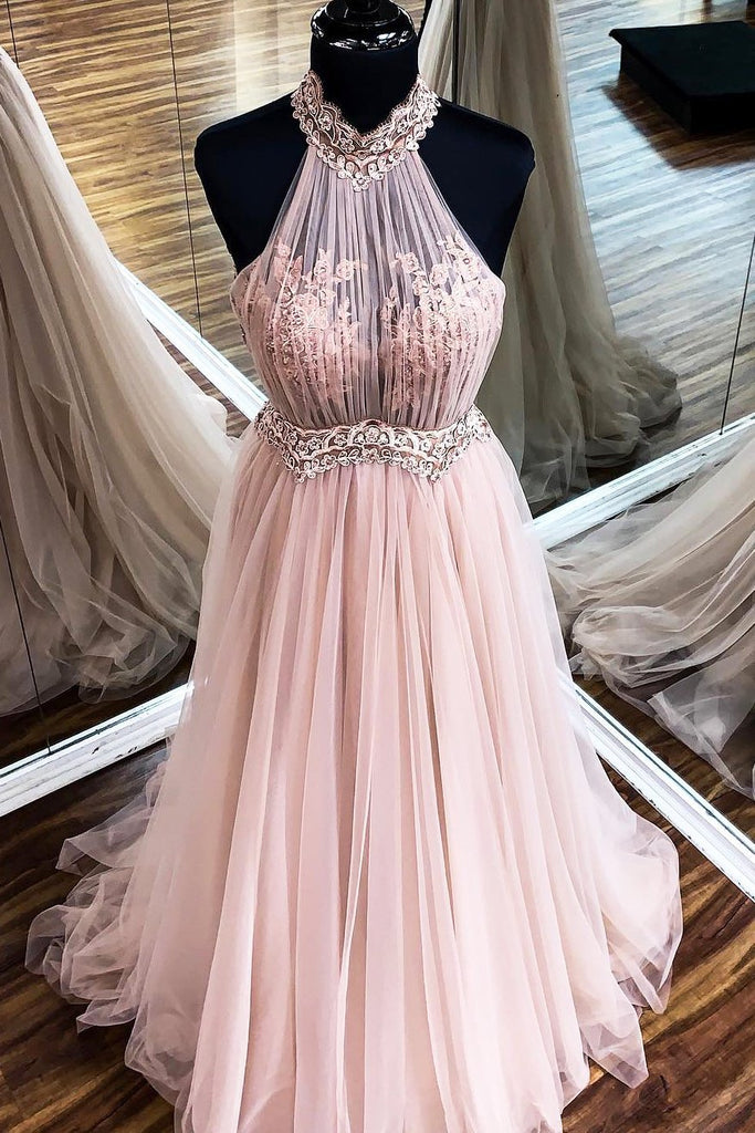 chic halter formal prom dress tulle lace appliques a-line evening dress dtp997