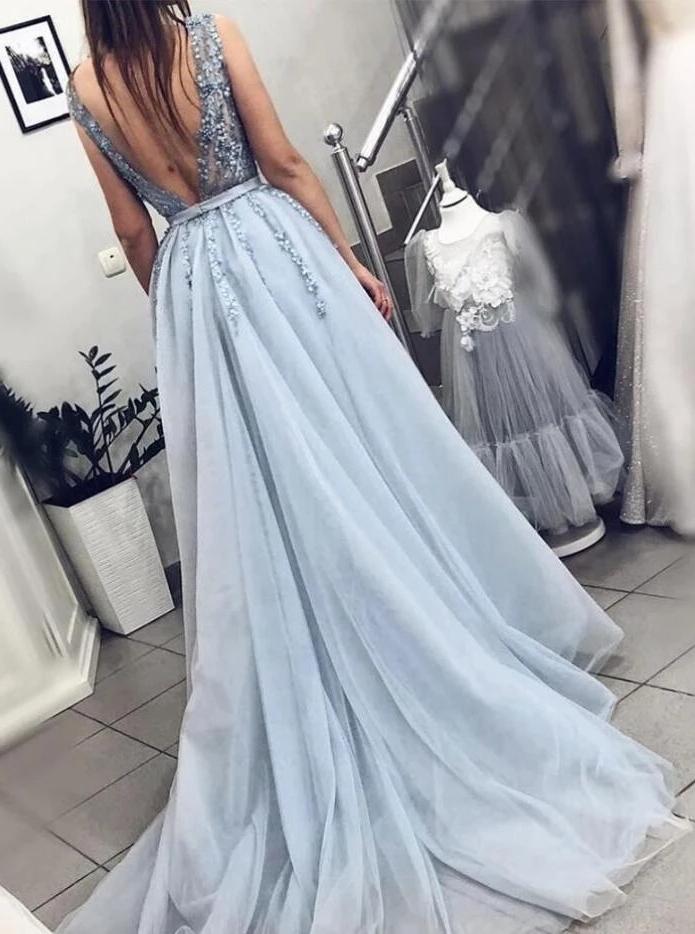 Tulle Light Blue Long Prom Dress A Line Long Beading Formal Dress