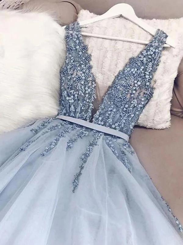 tulle light blue long prom dress a-line long beading formal dress dtp1022