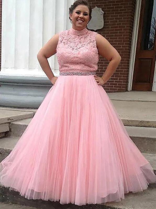 pink tulle keyhole back long plus size prom dress with beading dtp1017