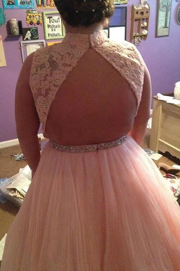 Pink Tulle Keyhole Back Long Plus Size Prom Dress With Beading