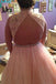 Pink Tulle Keyhole Back Long Plus Size Prom Dress With Beading