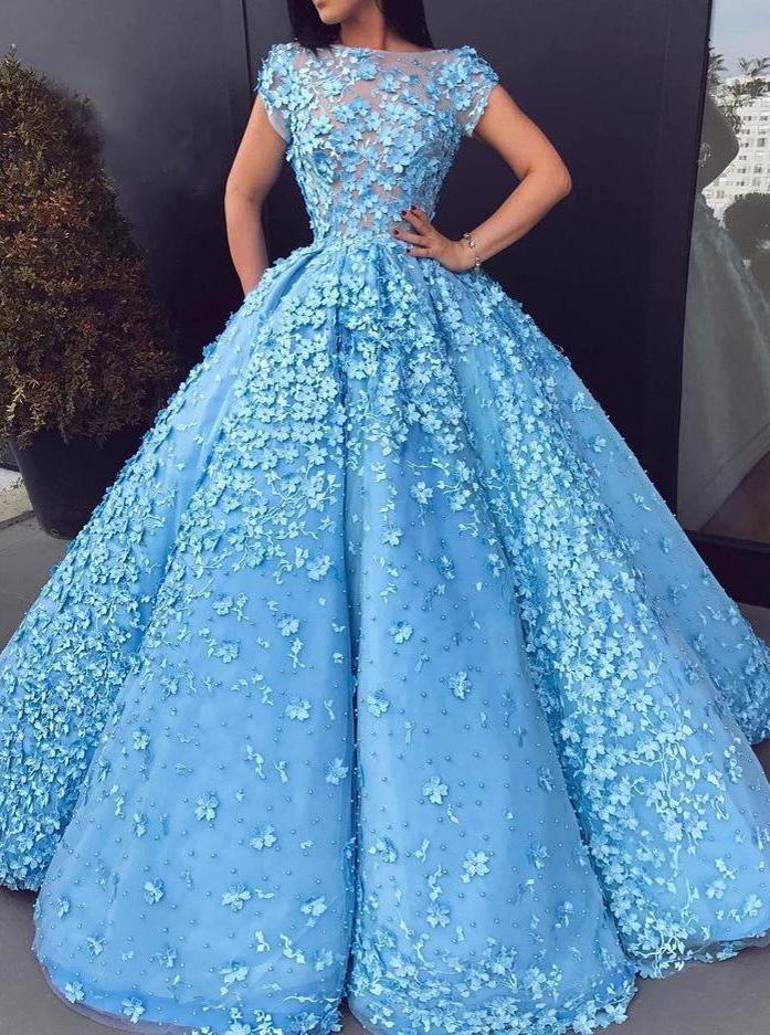 Ice Blue Floral Appliques Ball Gown Prom Dresses, Cap Sleeves Quinceanera Dresses