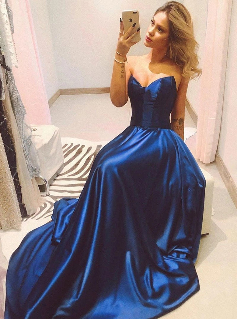 Simple Satin Dark Royal Blue Strapless Long Prom Evening Dresses