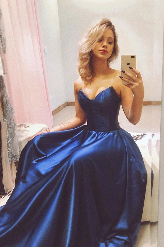 simple satin dark royal blue strapless long prom evening dresses dtp964