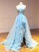 light sky blue tulle strapless long prom dresses with hand-make flowers dtp965