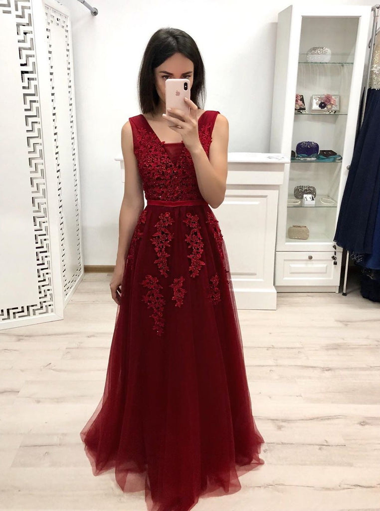 a-line v-neck burgundy long bridesmaid dresses appliques tulle prom dresses dtp960