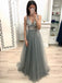 Sparkly A-line V-neck Beading Dusty Grey Long Prom Party Dresses