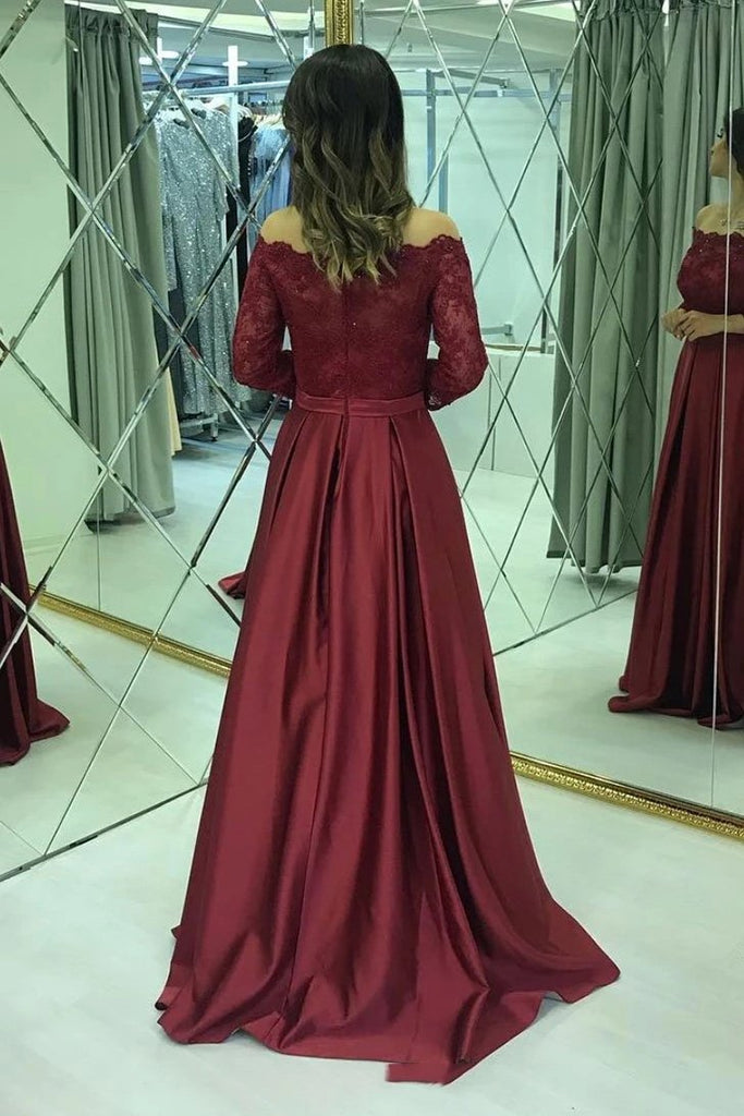 Modest Lace Long Sleeves Satin Burgundy Prom Evening Dresses