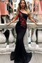 One-Shoulder Mermaid Black Prom Dresses with Red Flowers Embroidery