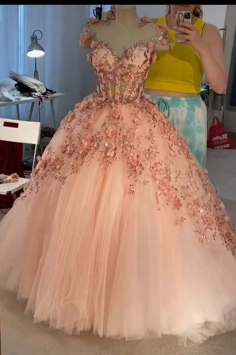 Pink Princess Ball Gown Prom Dresses, See Through Sweet 16 Dress With Sequin Appliques