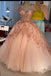 Pink Princess Ball Gown Prom Dresses, See Through Sweet 16 Dress With Sequin Appliques