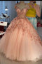 Pink Princess Ball Gown Prom Dresses, See Through Sweet 16 Dress With Sequin Appliques