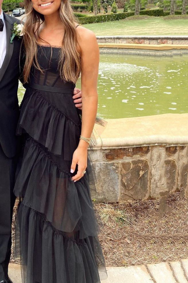 Princess Black Long Prom Dress Tulle Tiered Spaghetti Straps Graduation Dress