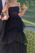 Princess Black Long Prom Dress Tulle Tiered Spaghetti Straps Graduation Dress