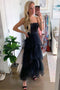 Princess Black Long Prom Dress Tulle Tiered Spaghetti Straps Graduation Dress