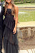 Princess Black Long Prom Dress Tulle Tiered Spaghetti Straps Graduation Dress