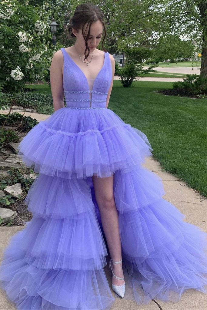 Princess High Low Prom Dress Purple Tulle Tiered Sweet 16 Dress DTP1097