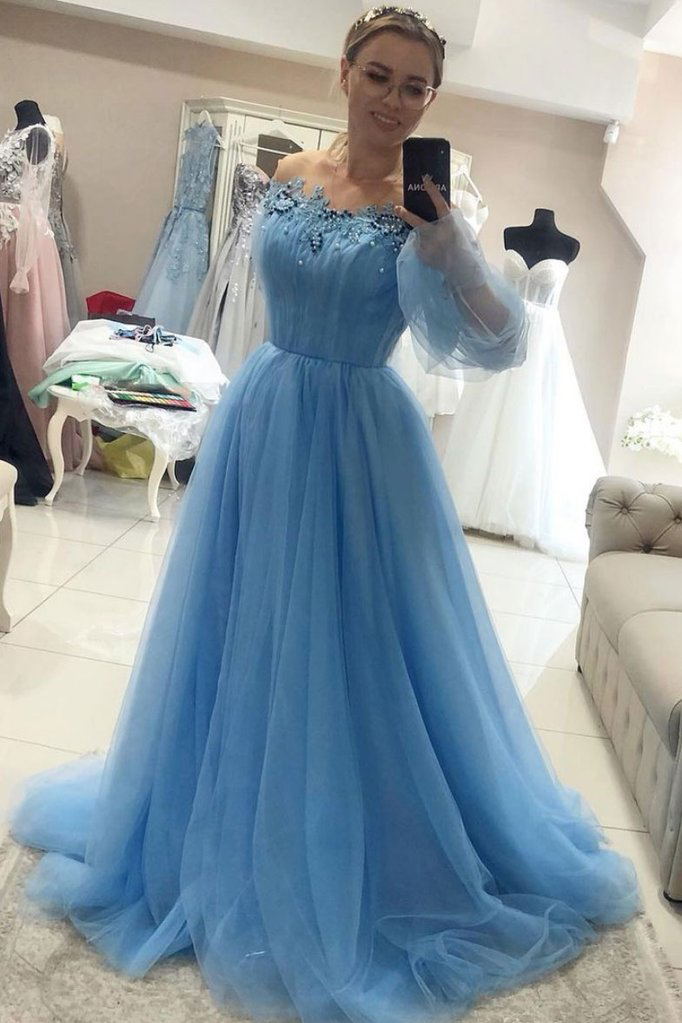 Princess Long Sleeves Prom Dress Blue Tulle Formal Dress With Appliques