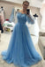 Princess Long Sleeves Prom Dress Blue Tulle Formal Dress With Appliques