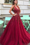 Sequins Beading V-neck Burgundy Prom Dresses Long Party Dresses