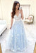 shiny star tulle prom dresses a-line v neck light blue formal gown dtp13