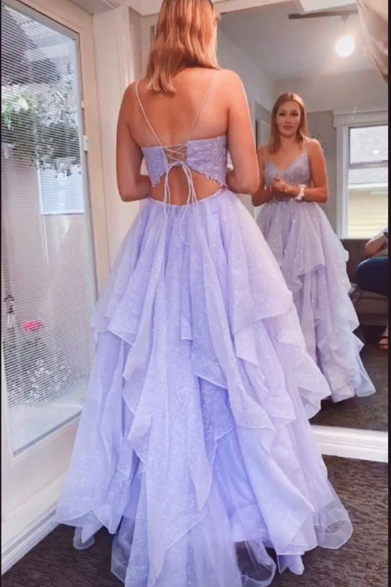 Shiny Lavender Tulle Long Prom Dress, Spaghetti Straps Tulle Formal Gown