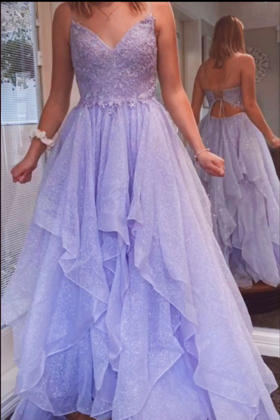 Shiny Lavender Tulle Long Prom Dress, Spaghetti Straps Tulle Formal Gown