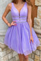 Lavender A-line V Neck Short Prom Dresses, Graduation Homecoming Dress With Beading