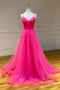 Simple Backless Prom Dress A Line V Neck Long Tulle Hot Pink Formal Dress