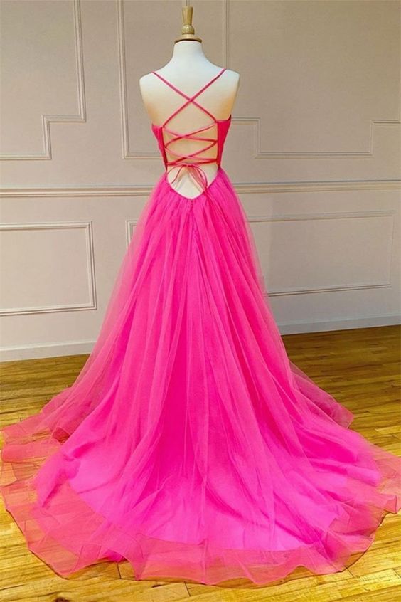 Simple Backless Prom Dress A Line V Neck Long Tulle Hot Pink Formal Dress