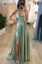 Simply Simple Sage Long Prom Dress, Spaghetti Straps Slit Evening Gown