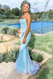 Sky Blue Mermaid Strapless Sequin Prom Dress, Elegant Long Evening Gown