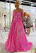 Sparkly Hot Pink V neck Prom Dresses Long Sequins Evening Dresses