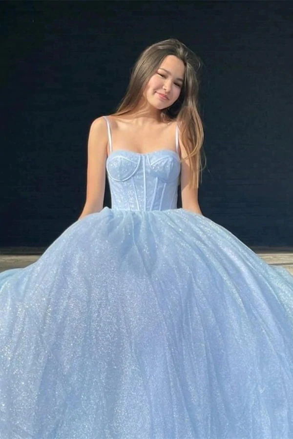 Sparkly Prom Dresses Spaghetti Straps Blue Graduation Dresses