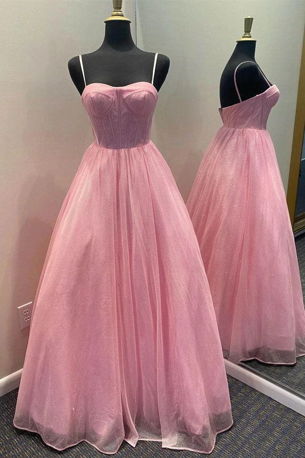 Sparkly Prom Dresses Spaghetti Straps Pink Graduation Dresses