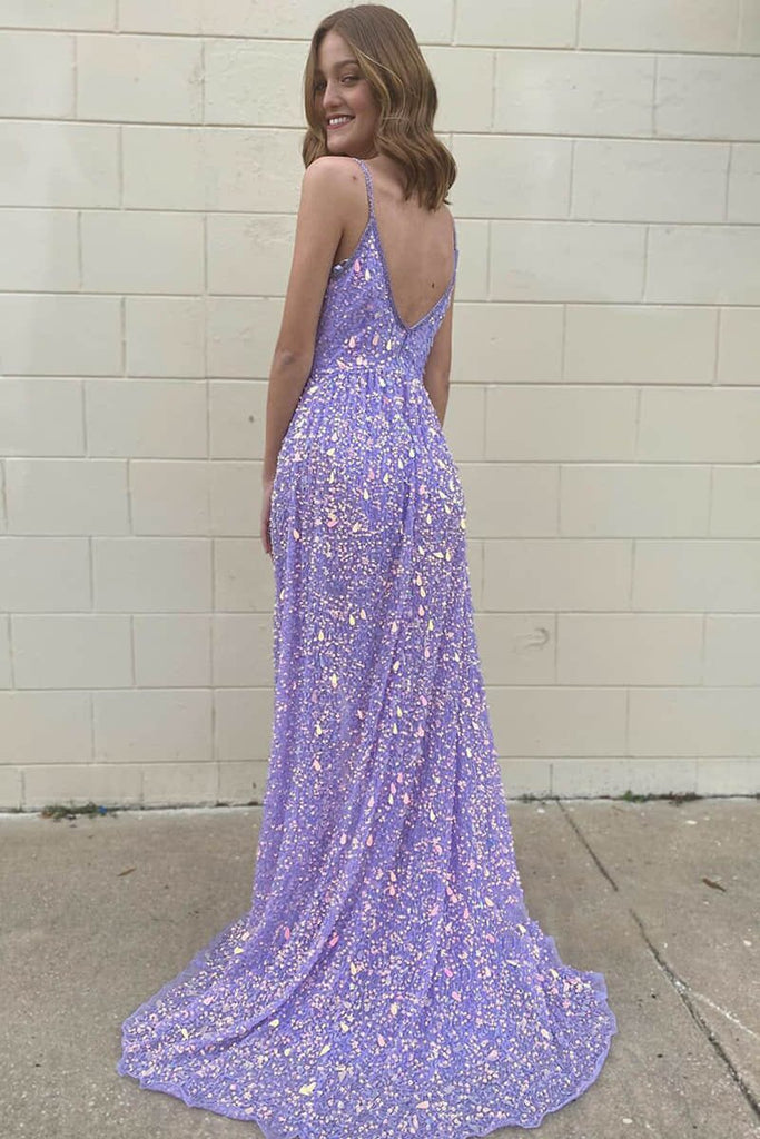 Sparkly V Neck Sequins Prom Dress with Split, Sexy Lavender Long Evening Gown