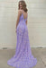 Sparkly V Neck Sequins Prom Dress with Split, Sexy Lavender Long Evening Gown