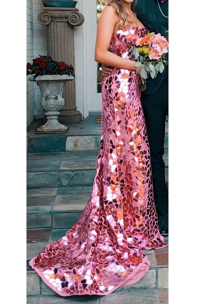  Strapless Fancy Sparkle Pink Prom Dress, Unique Mermaid Party Dress